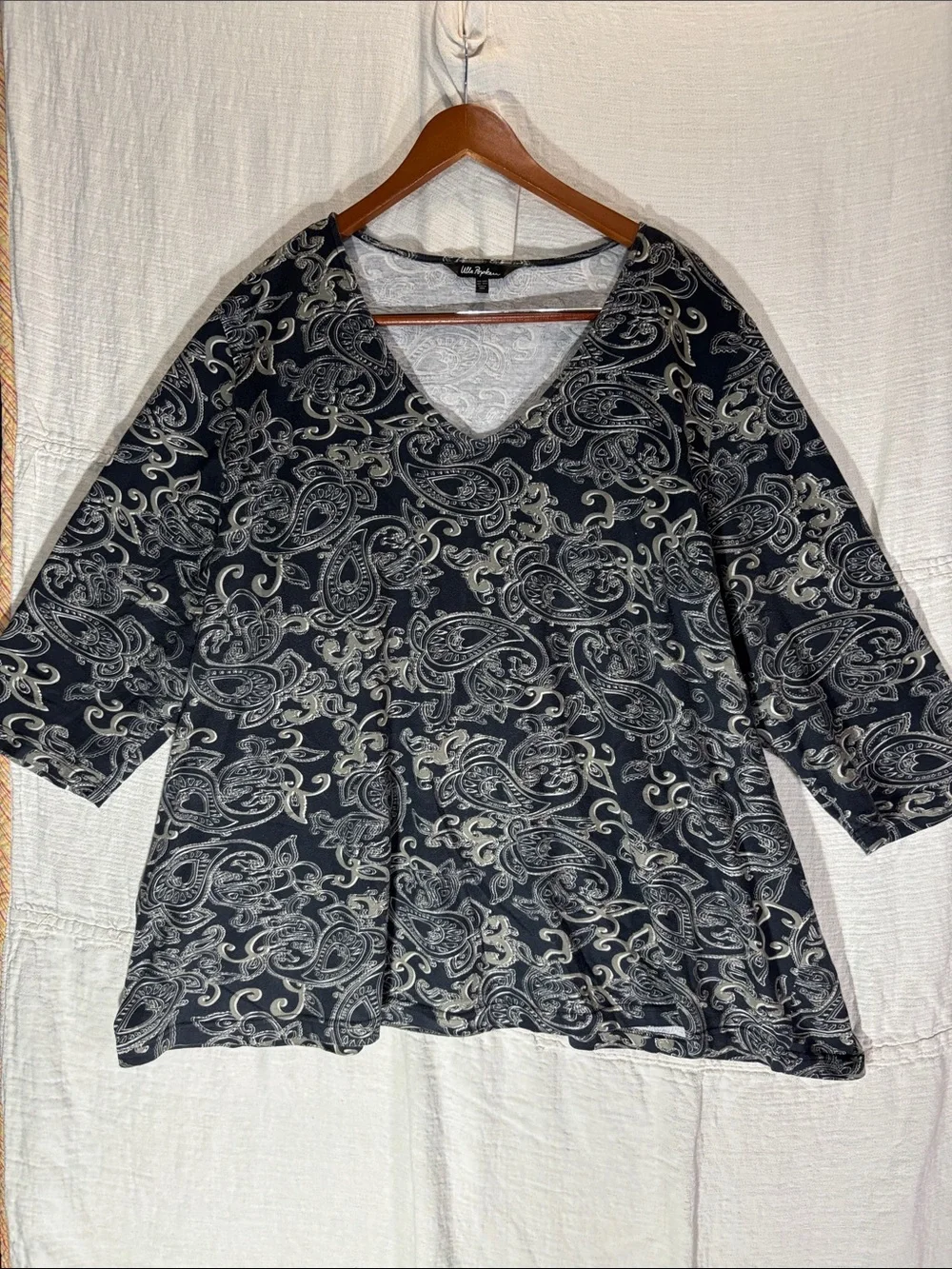Ulla Popken Paisley V Neck 100%Cotton Tunic Top Plus Size 32/34 4X 5X Grey Black